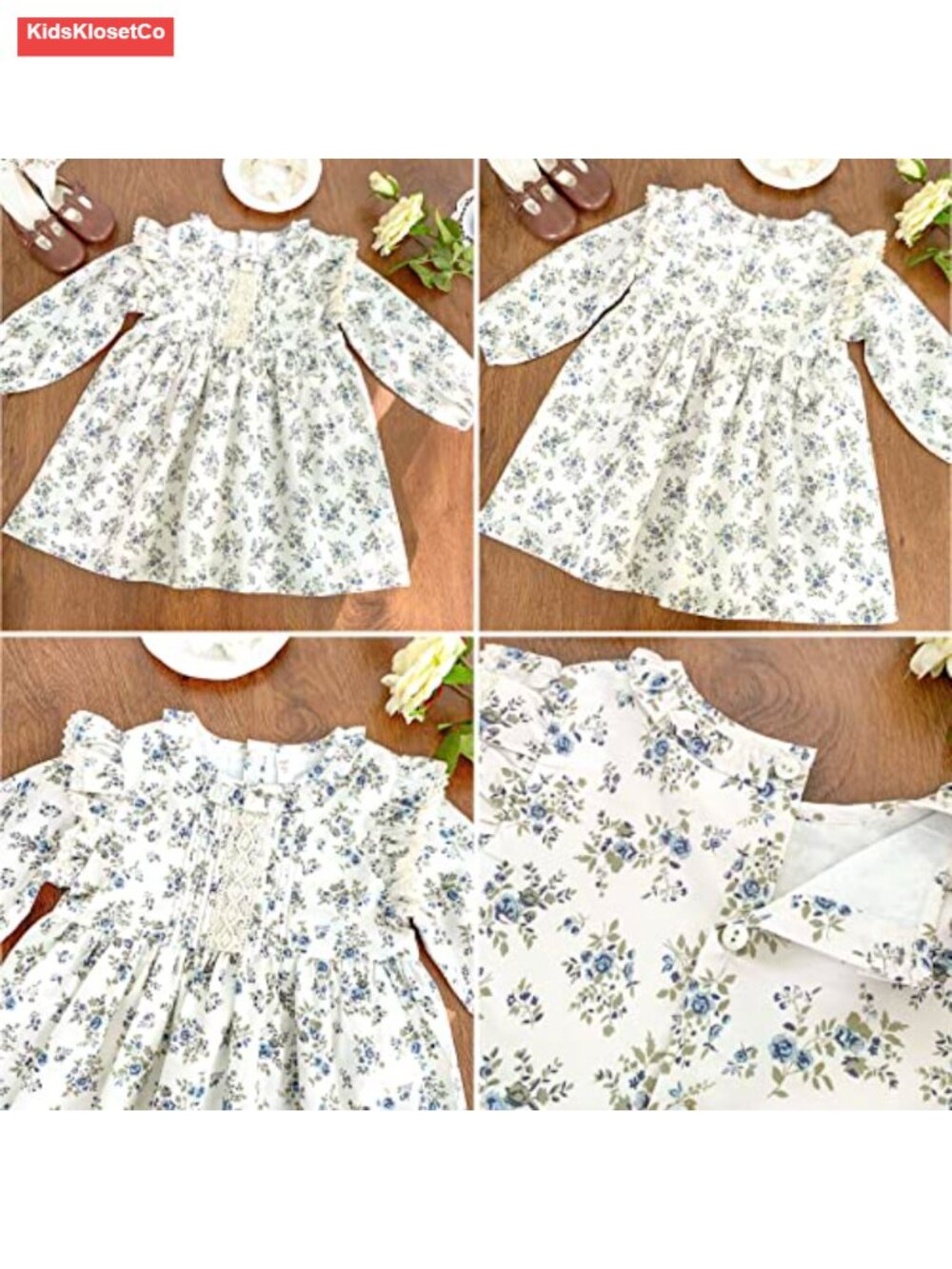 Toddler Girls Smocked Dress Long Sleeve Floral Lace A-Line - Picture 2 of 5